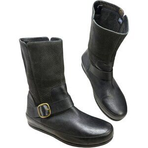 Fitflop Dueboot Black Pebbled Nubuck Leather Mid Calf Moto Boot